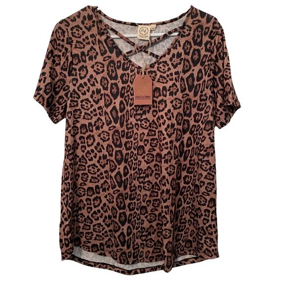 Grace & Emma shirt Leopard Animal Print & Flirty cross cross Top NWT S - Picture 1 of 7